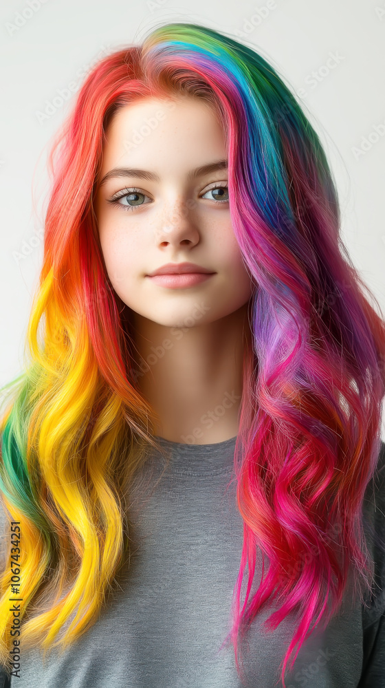 Vibrant rainbow hair on teenage model for fashion and beauty concepts Vibrant rainbow hair on teenage model for fashion and beauty concepts