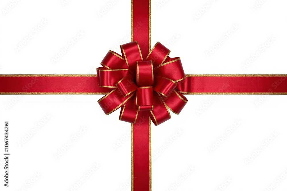 Elegant red bow and ribbon against white background for festive gift wrapping or holiday decoration.