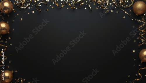 Elegant black background with golden ornaments and festive decorations, perfect for New Year celebrations