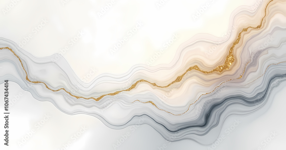 Naklejka premium An abstract design with soft, flowing layers in cream, gray, and beige, accented by delicate golden streaks, creating a tranquil and elegant marble-like effect.