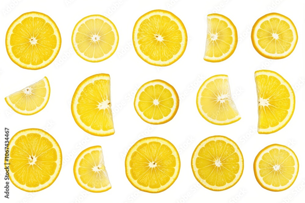 Assorted citrus slices displayed on white background for design and decoration projects. Assorted citrus slices displayed on white background for design and decoration projects.