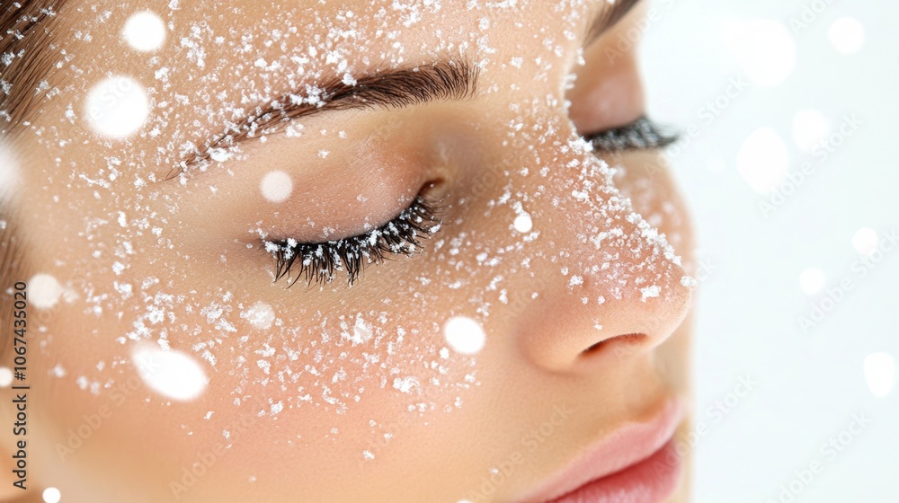 Winter Skincare Close up of Woman s Face with Snow Winter Skincare Close up of Woman s Face with Snow