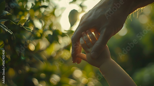 A nurturing moment in nature as an adult hand guides a child\'s small hand through lush greenery photo