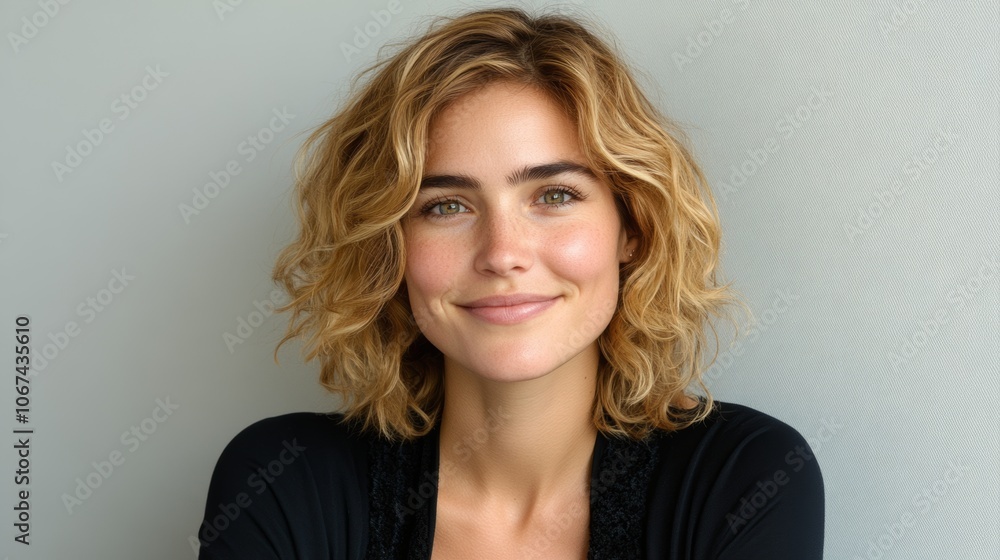 Happy Woman Portrait Blonde Curly Hair Casual Style Happy Woman Portrait Blonde Curly Hair Casual Style