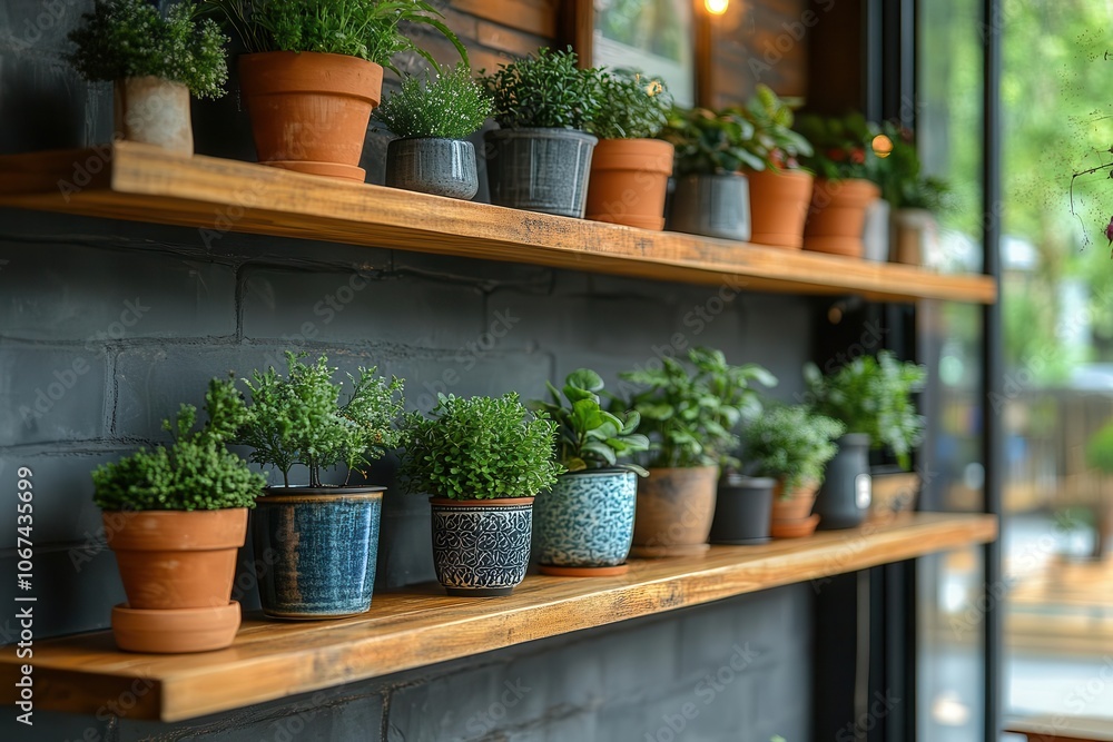 variety of potted plants elegantly arranged on rustic coffee shop shelves creating a warm and inviting atmosphere the interplay of greenery adds life and color to the cozy interior variety of potted plants elegantly arranged on rustic coffee shop shelves creating a warm and inviting atmosphere the interplay of greenery adds life and color to the cozy interior