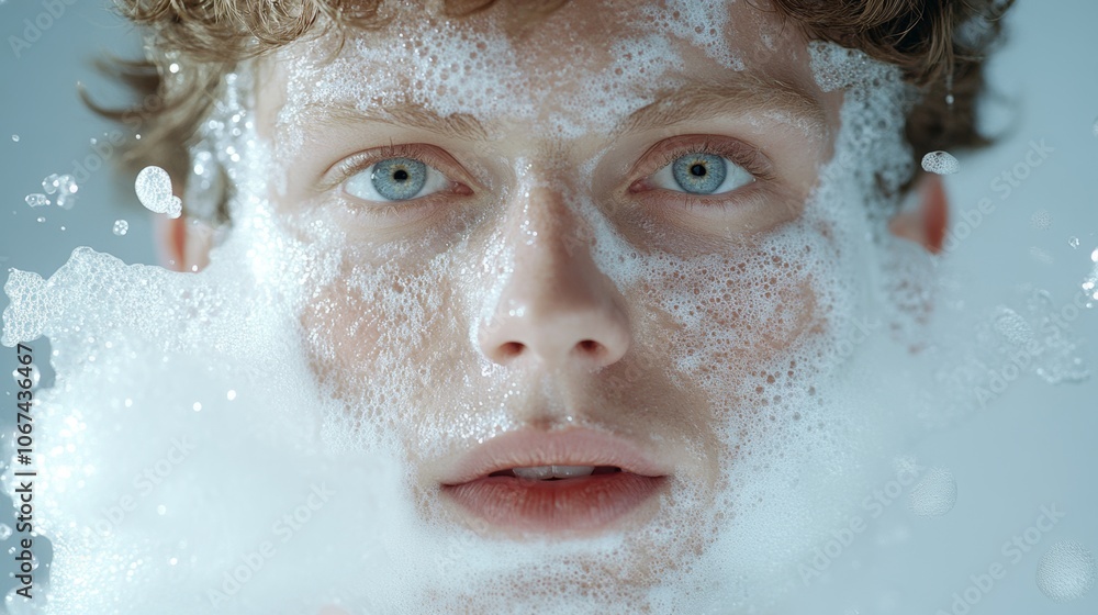 Close up Man Face Covered in Cleansing Foam Bubbles Close up Man Face Covered in Cleansing Foam Bubbles
