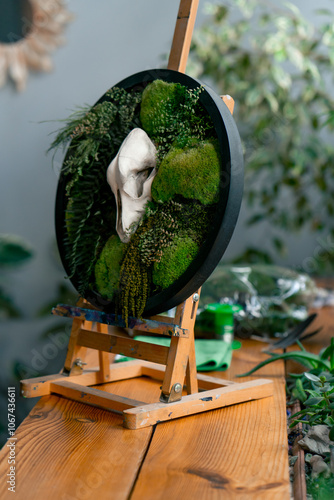 Close-up in a large green workshop against the background of a light wall there is a small easel with a round green decor made of stabilized moss and bird cherry of a small animal, hand-made robot photo