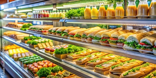 Detailed, photorealistic refrigerated sandwich display, ideal for a store.