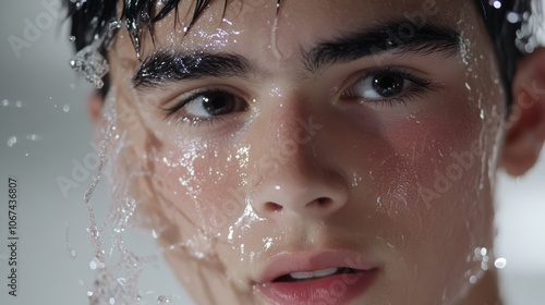 Teen Boy Face Water Splash Purity Cleanliness Freshness