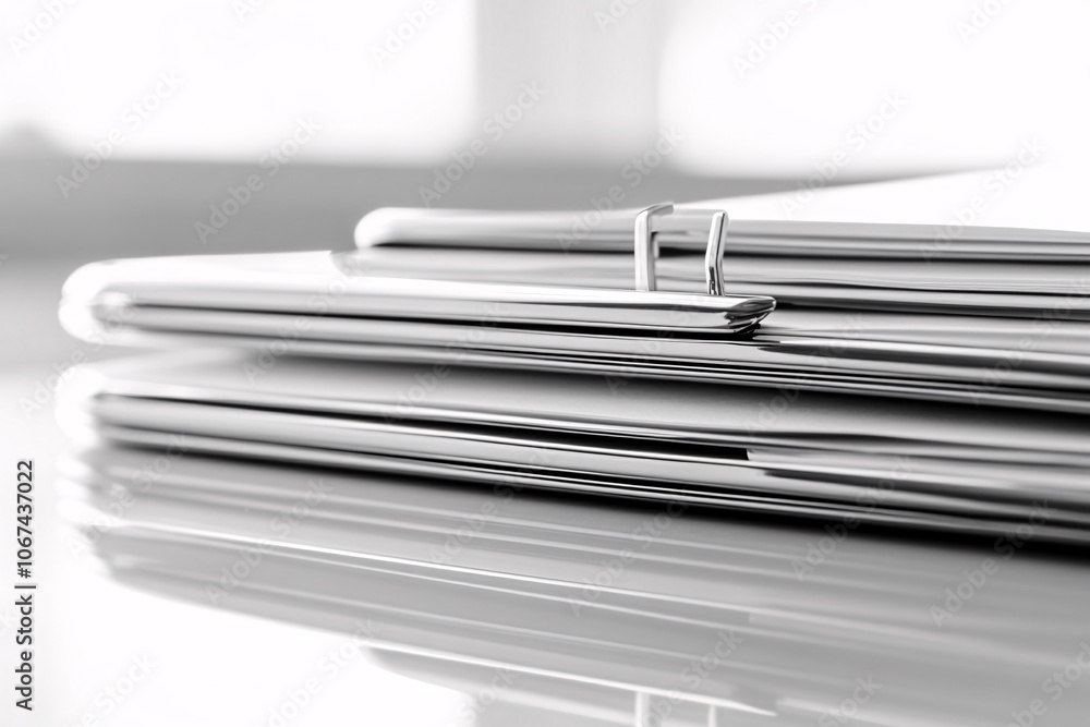 Close-up of a Stack of Silver Folders on a Desk Close-up of a Stack of Silver Folders on a Desk