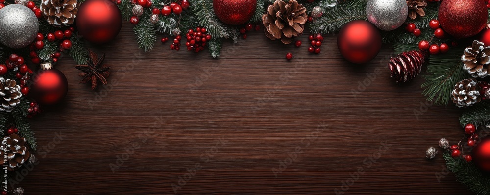 Festive Christmas background with red and silver decorations and pine cones Festive Christmas background with red and silver decorations and pine cones