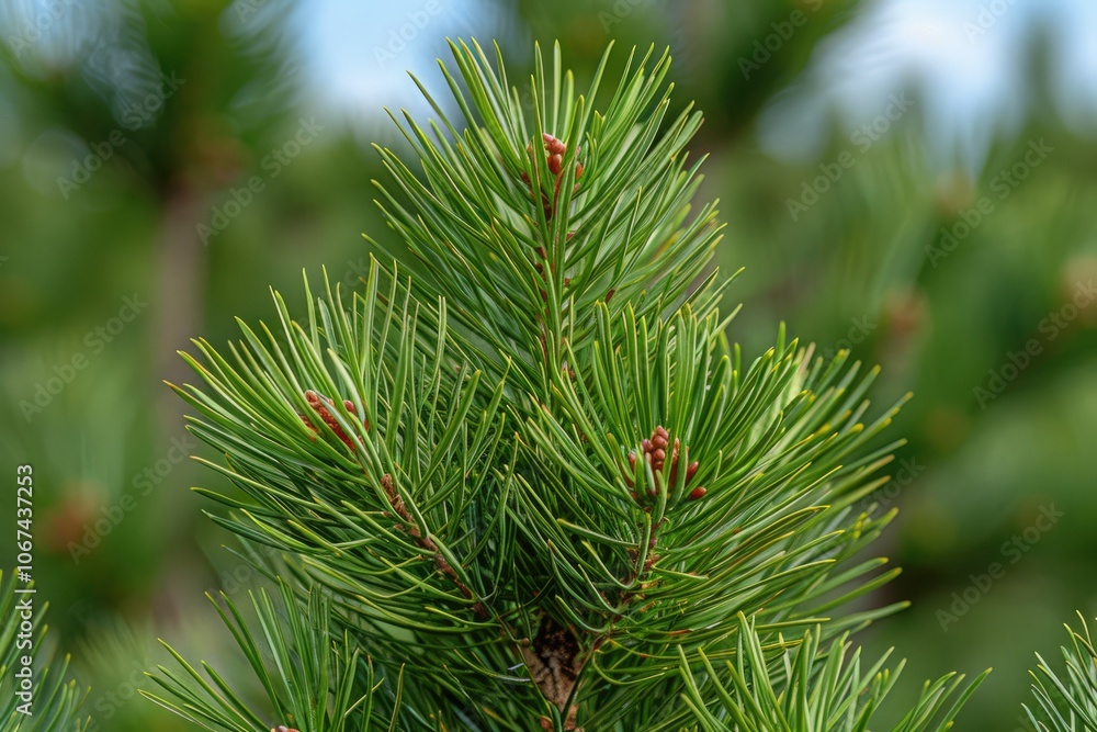Close up view of fresh pine needles and new buds during a sunny day in a forest Close up view of fresh pine needles and new buds during a sunny day in a forest