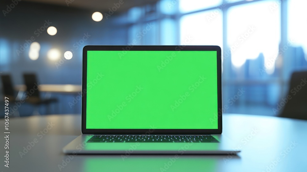 Laptop with Green Screen on a Table in an Office Laptop with Green Screen on a Table in an Office