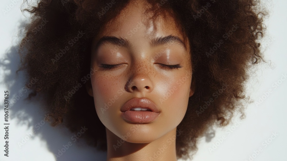 Serene Woman with Afro Natural Beauty Skincare Closeup Portrait Serene Woman with Afro Natural Beauty Skincare Closeup Portrait