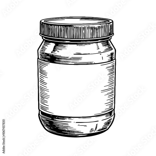 Peanut butter jar sketch in black and white ink illustration