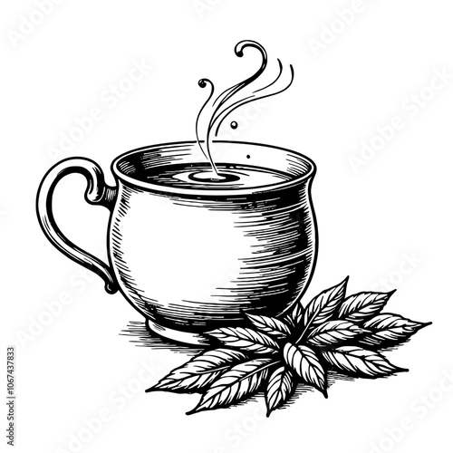 Black and white ink illustration of tea leaves