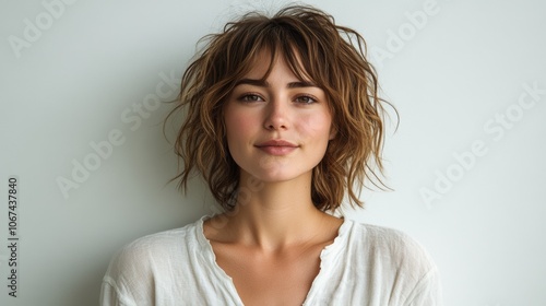 Young Woman with Wavy Brown Hair and Bangs Studio Portrait