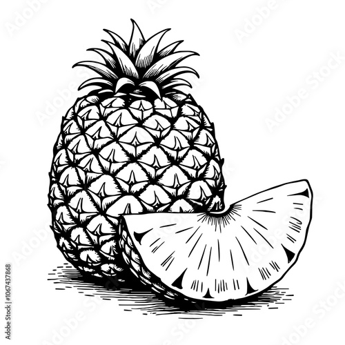 Pineapple slice illustrated in black and white ink drawing style