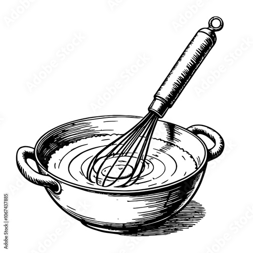 Egg whisk illustration in black and white ink sketch style