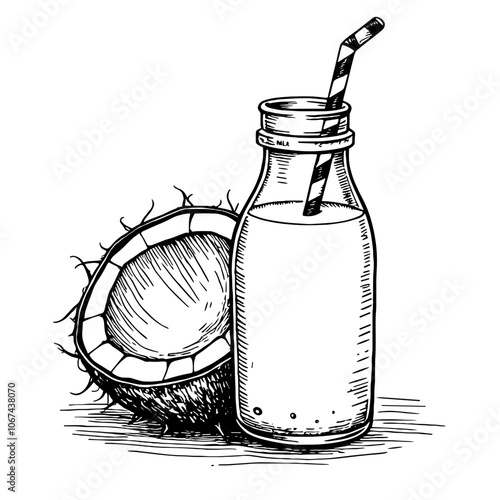Coconut milk in vintage black and white ink illustration style
