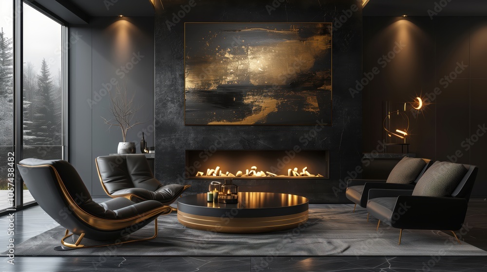 Cozy Dark Living Room with Modern Fireplace and Artistic Decor - made with Generative AI Cozy Dark Living Room with Modern Fireplace and Artistic Decor - made with Generative AI