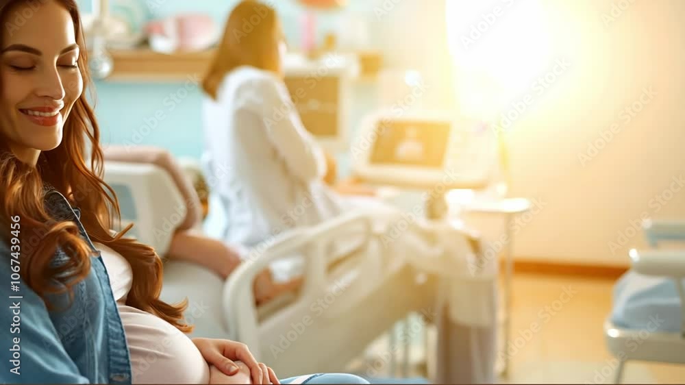 Pregnant woman smiling in hospital room with medical equipment in background Pregnant woman smiling in hospital room with medical equipment in background