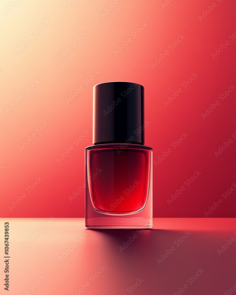 Elegant red nail polish bottle on a warm gradient background Elegant red nail polish bottle on a warm gradient background