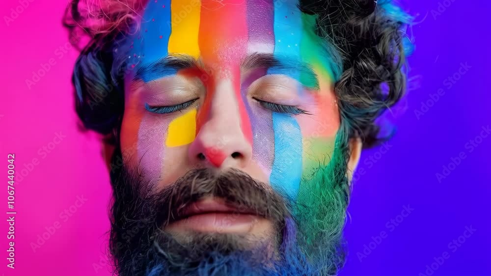 Front view of man wearing colorful make up rainbow flag representing LGBT community Front view of man wearing colorful make up rainbow flag representing LGBT community