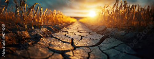 Cracked dry ground with wilting wheat crops in the foreground, under a warm sunset light, illustrating a scene of drought and aridity photo