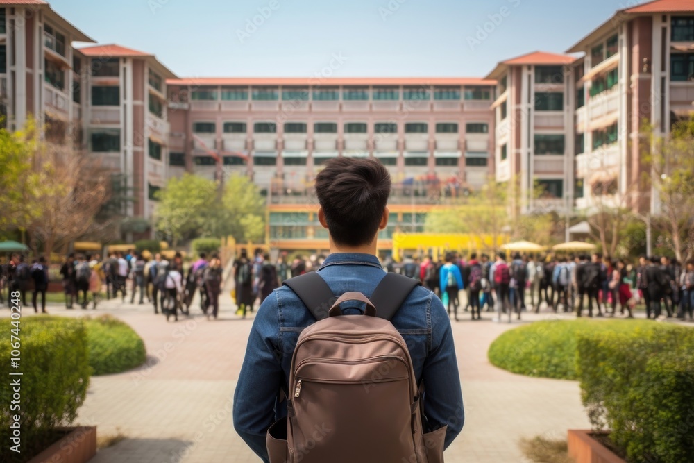 Chinese young happy student architecture building standing. Chinese young happy student architecture building standing.