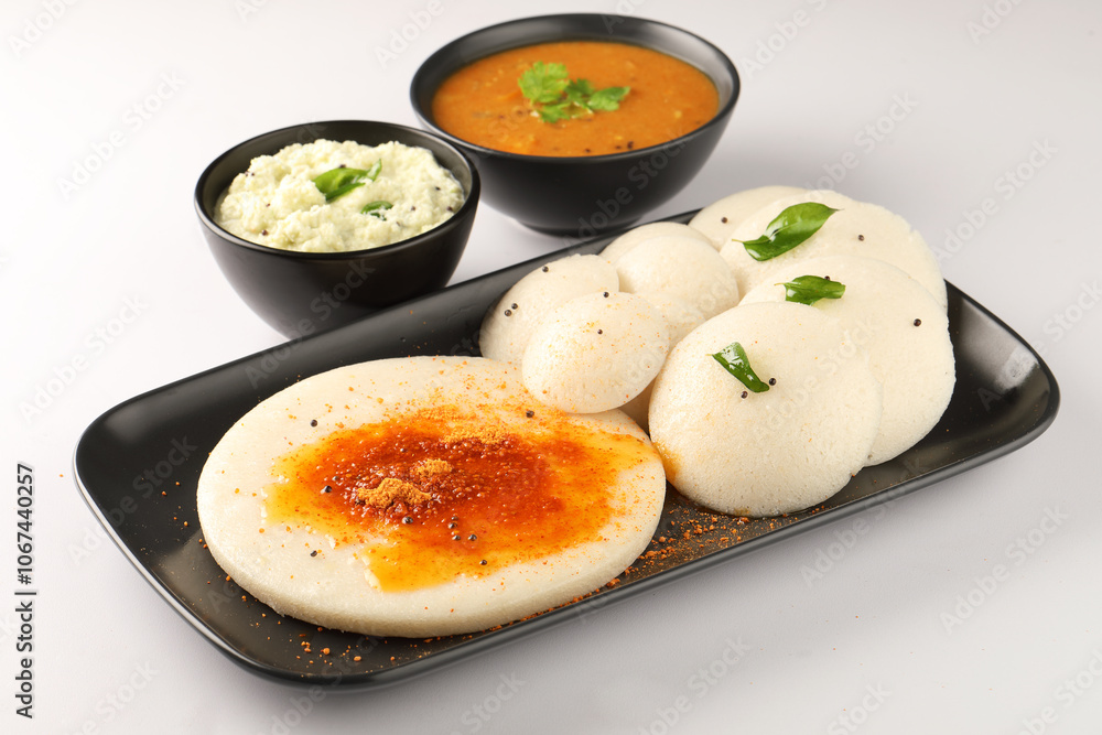 Thatte idli or Plate idly with sambar coconut chutney, chutney podi popular breakfast of Kerala South India Sri Lanka. Healthy steamed rice cakes steaming Thatte idli or Plate idly with sambar coconut chutney, chutney podi popular breakfast of Kerala South India Sri Lanka. Healthy steamed rice cakes steaming