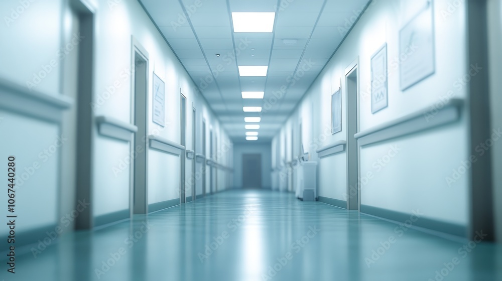 Empty Hospital Corridor with Doors and Lights Empty Hospital Corridor with Doors and Lights