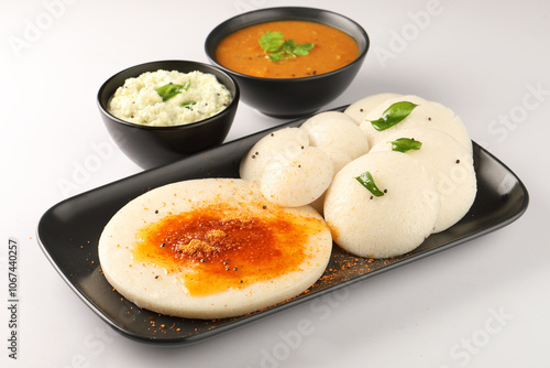 Thatte idli or Plate idly with sambar coconut chutney, chutney podi popular breakfast of Kerala South India Sri Lanka. Healthy steamed rice cakes steaming photo