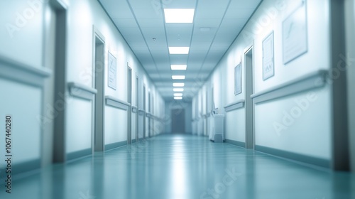 Empty Hospital Corridor with Doors and Lights