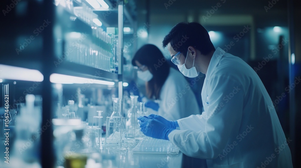 Scientists in lab coats conducting experiments in a modern laboratory setting. Scientists in lab coats conducting experiments in a modern laboratory setting.