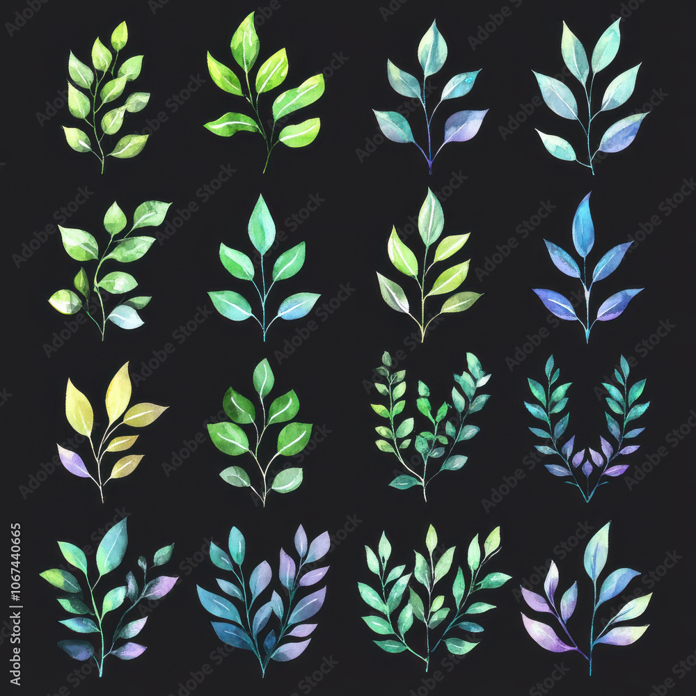 vibrant collection of watercolor leaf elements in various shades of green and blue, set against dark background, showcasing natural beauty and artistic style vibrant collection of watercolor leaf elements in various shades of green and blue, set against dark background, showcasing natural beauty and artistic style