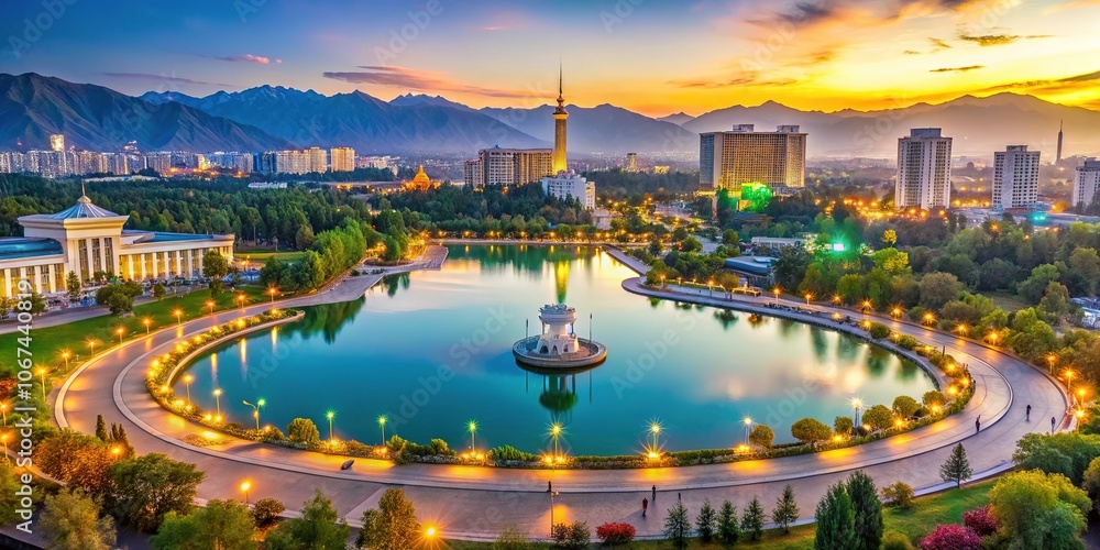 Fototapeta premium Dushanbe, Tajikistan: Aerial bokeh of Flagpole Square lake.