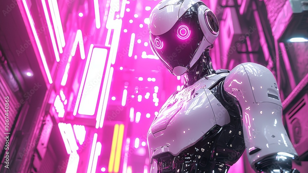 Obraz premium Futuristic robot stands in neon alley showcasing advanced technology and urban aesthetics
