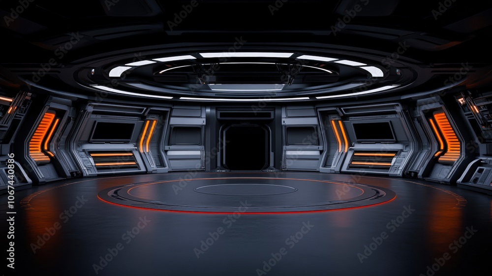 Futuristic interior of a sci-fi space station featuring sleek designs, glowing orange accents, and a circular floor, Ideal for use in technology, gaming, or film production contexts, Futuristic interior of a sci-fi space station featuring sleek designs, glowing orange accents, and a circular floor, Ideal for use in technology, gaming, or film production contexts,