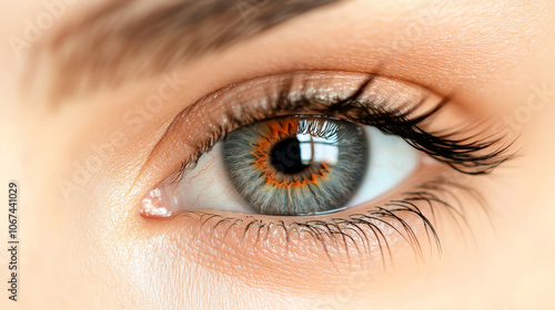 Close-up of a woman's eye with long eyelashes.