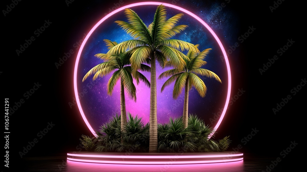 Naklejka premium Tropical Paradise with Neon Glow and Cosmic Background