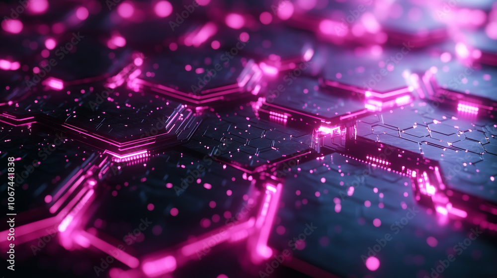 Obraz premium Illustration cybernétique futuriste de motifs de nid d'abeille avec néons lumineux et textures métalliques