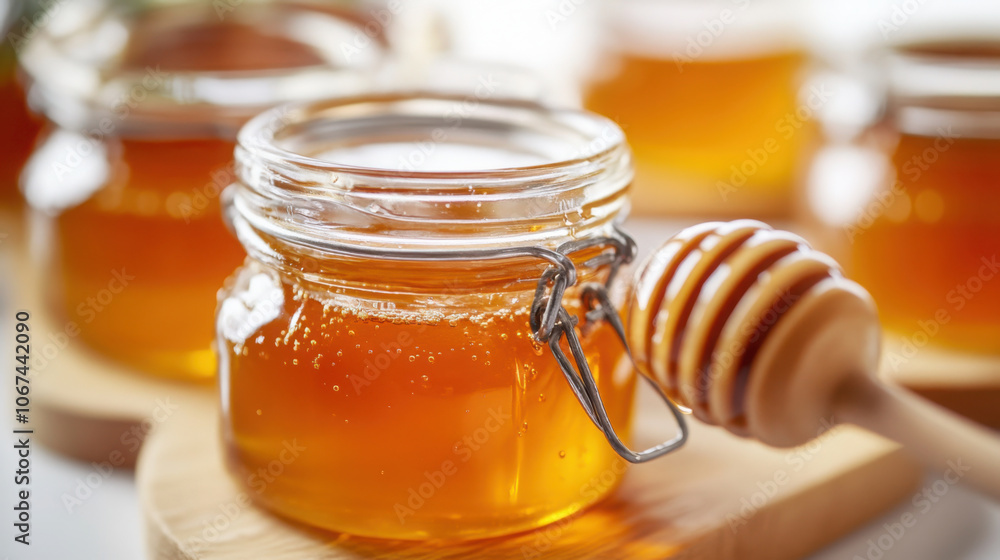 Close-up of glass jars filled with honey featuring rustic ambiance for culinary and health concepts Close-up of glass jars filled with honey featuring rustic ambiance for culinary and health concepts