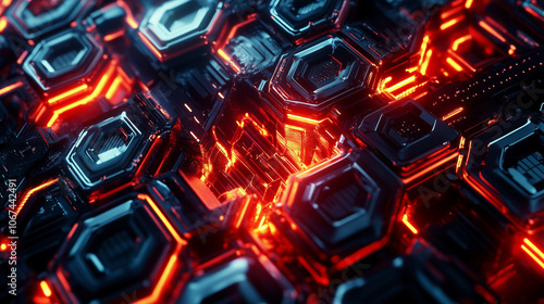 Illustration cybernétique futuriste de motifs de nid d'abeille avec néons lumineux et textures métalliques