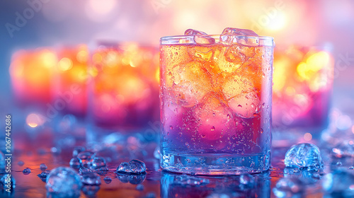 A vibrant glass of colorful drink with ice, set against a glowing backdrop, creating a refreshing and enticing scene.