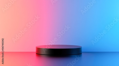 A minimalistic black display stand against a gradient backdrop of pink and blue can showcase products or text, perfect for promotional material, advertisements, or online stores,