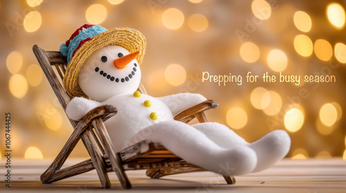 Festive holiday card design featuring relaxed snowman with bokeh background