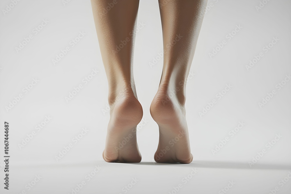 A close-up view of bare feet standing on a smooth surface in soft light A close-up view of bare feet standing on a smooth surface in soft light