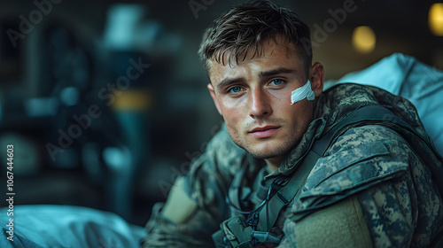 A soldier sitting on a hospital bed, bandaged and looking determined, portraying resilience and strength during recovery 