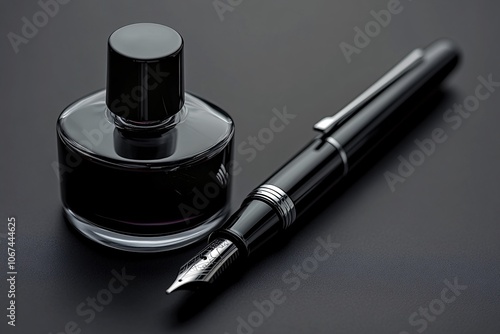 Black Fountain Pen and Ink Bottle on a Dark Surface